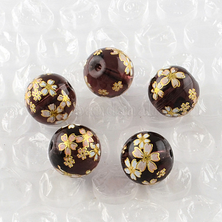 Perles rondes imprimées de motif de fleur rose en verre GFB-R004-12mm-P06-1