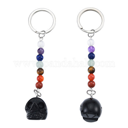 Porte-clés pendentif tête de mort en obsidienne noire naturelle G-N341-01C-1