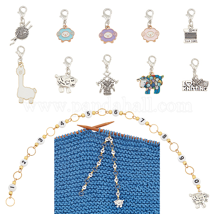 Benecreat 1 set nombre acrylique perle tricot compteur de rangée chaînes et alliage émail mouton et tissé thème charme marqueurs de point de verrouillage HJEW-BC0001-37-1