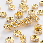 Iron Rhinestone Spacer Beads, Grade B, Rondelle, Straight Edge, Clear, Golden, 7~8x3.5mm, Hole: 2mm