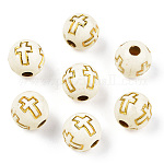 Perles acryliques plaquées, métal doré enlaça, ronde avec la croix, beige, 8mm, Trou: 2mm, environ 1800 pcs/500 g