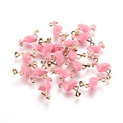 Pendentifs d'émail en laiton , forme de flamant rose, sans nickel, rose, véritable 18k plaqué or, 16x10.5x4.5mm, Trou: 1.4mm