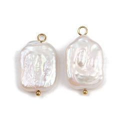 Pendentifs en perles d'eau douce naturelles et perles Keshi, breloques rectangulaires, avec boucles en acier inoxydable 304, blanc, placage ionique (ip), véritable 18k plaqué or, 22~26.5x13.5~16x4~9mm, Trou: 1.8~3mm