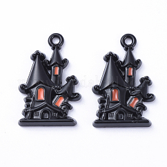 Anhänger aus schwarzer Legierung, Kürbishut Schloss/Spukhaus für Halloween, Schwarz, 23x15x3 mm, Bohrung: 1 mm