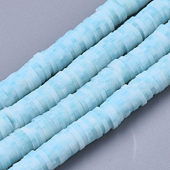 Hilos de arcilla polimérica hechos a mano, abalorios heishi, Para suministros de manualidades de joyería diy, disco / plano y redondo, luz azul cielo, 6x0.5~1mm, agujero: 2 mm, aproximamente 320~450 pcs / cadena, 15.35 pulgada ~ 16.92 pulgadas (39~43 cm)