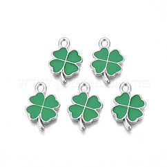 Cremagliera pendenti dello smalto della lega di placcatura, cadmio & nichel &piombo libero, trifoglio, platino, verde, 19x13x1.5mm, Foro: 1.6 mm