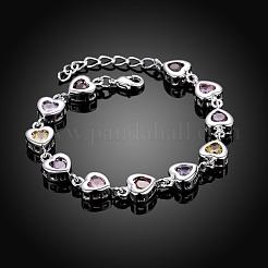 Squisiti bracciali a maglie in zirconi placcati cuore in ottone placcato color argento&nbsp;BJEW-BB00799