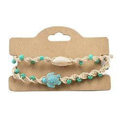 Armbänder aus natürlichen Muscheln und synthetischen türkisfarbenen geflochtenen Perlen&nbsp;BJEW-Z075-01