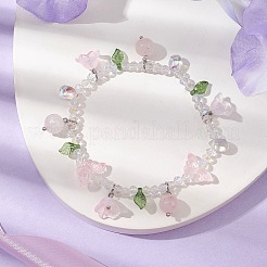 Bracelet extensible en quartz rose naturel et perles de verre avec breloques florales&nbsp;BJEW-JB10176-02