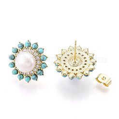 Pendientes de botón con perlas naturales de latón y flores&nbsp;PEAR-N020-05Y