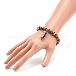 Bracelet extensible en perles rondes en œil de tigre naturel avec breloque en forme de balle&nbsp;BJEW-JB08310-02