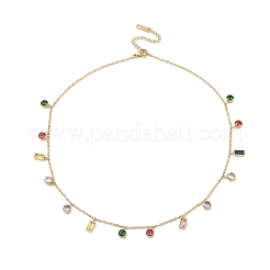 304 Edelstahl Pavé bunte Zirkonia flache runde & rechteckige Anhänger Halsketten&nbsp;NJEW-N055-03G