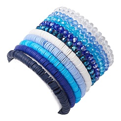 Set di 10 disco di argilla polimerica e braccialetti elasticizzati con perline di vetro e ottone&nbsp;BJEW-JB09676-01