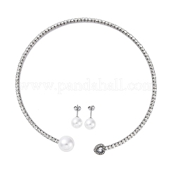 Orecchini rotondi in plastica con perle finte e set di collane girocollo con polsino a cuore in zirconia cubica e strass&nbsp;SJEW-U003-01P
