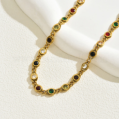 Edelstahl Pavé bunte Zirkonia flache runde Gliederkette Halsketten für Frauen&nbsp;FO2837