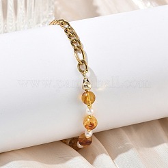 Pulseras de eslabones de cuentas de ámbar natural y perlas cultivadas de agua dulce&nbsp;BJEW-JB13694-01