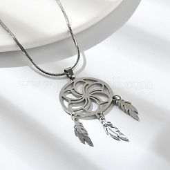 Collier bohème en acier inoxydable 201 avec pendentif en forme de fleur tissée en toile/filet et plumes&nbsp;NJEW-P327-07P-B