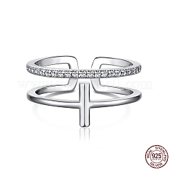 Rhodinierte 925 offene Manschettenringe aus Sterlingsilber mit Kreuz und Zirkonia&nbsp;RJEW-F150-51P