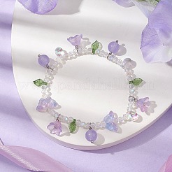 Bracelet extensible en jade naturel malaisien teint et perles de verre avec breloques florales&nbsp;BJEW-JB10176-01
