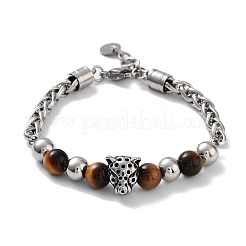 Bracciali con perline di pietre preziose miste naturali a forma di testa di leopardo con fermagli a moschettone in acciaio inossidabile 201&nbsp;BJEW-Q334-12