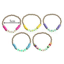 Set di 5 braccialetti elastici heishi con cuore acrilico luminoso e plastica e argilla polimerica&nbsp;HEAR-PW0001-123G