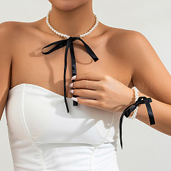 Bowknot Satinkordel Kunststoff Imitationsperle runde Perlen Chokerhalsketten für Frauen&nbsp;WG8633D-01