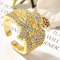 Gestellplattierung Messing Mikropflaster Zirkonia Manschettenfingerringe für Frauen&nbsp;RJEW-M028-28G