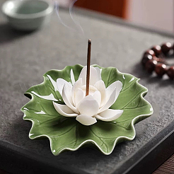 Quemadores de incienso de porcelana con forma de hoja de loto y flor de loto&nbsp;DJEW-CN0001-38A