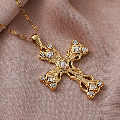 Vintage-Halsketten mit religiösem Kreuzanhänger aus Edelstahl 304 und Strassen für Damen&nbsp;YA5550