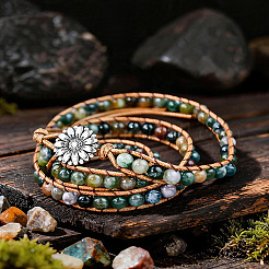 Braccialetti avvolgenti regolabili da donna con perline rotonde in agata indiana naturale e fiore in lega.&nbsp;WGB06FC-01