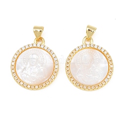 Colgantes redondos planos de circonita cúbica transparente micro pavé de latón chapado en estante&nbsp;KK-U025-10G-05