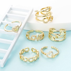 6 Stück 6 Stile Messing Micro Pave klare Zirkonia Manschettenringe&nbsp;RJEW-LS0001-45G