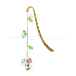 Marcapáginas con forma de calavera sintética turquesa y dije de flor de acrílico y vidrio&nbsp;AJEW-JK00412