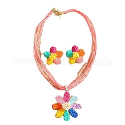 Collana pendente in rafia e orecchini a bottone in stile bohémien&nbsp;FS-WG35AAC-01