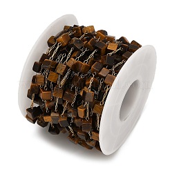 Chaînes à maillons cubiques en perles d'œil de tigre en acier inoxydable 304 faites à la main&nbsp;CHS-B011-02G-04