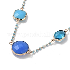 Collier pendentif rond plat en verre bleu avec chaînes en laiton&nbsp;NJEW-A015-17KCG