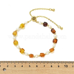 Verstellbare Armbänder mit Schiebeverschluss aus natürlichen Süßwasserzuchtperlen und Bernstein für Damen&nbsp;BJEW-JB13608