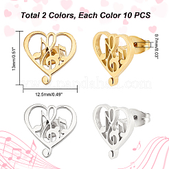 10 paio di orecchini a bottone in acciaio inossidabile 304 a forma di cuore con nota musicale&nbsp;STAS-UN0034-78