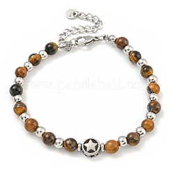 Braccialetti da donna con perline rotonde in acciaio inossidabile 304 e occhio di tigre naturale&nbsp;BJEW-G717-13