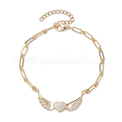 Set di bracciali a forma di graffetta con catena in ottone con micro pavé di ali a cuore e zirconi trasparenti&nbsp;BJEW-JB10483