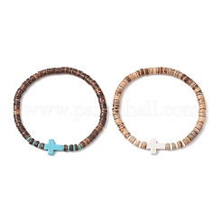 2 Stück Stretch-Armbänder mit Kreuz aus natürlichen Kokosnuss- und synthetischen Türkisperlen für Männer&nbsp;BJEW-JB11389