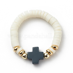 Heishi in argilla polimerica e ematite sintetica e anello da dito elasticizzato con perline incrociate in corallo sintetico per donna&nbsp;RJEW-JR00526