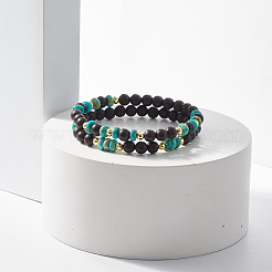 Ensemble de 2 bracelets extensibles en bois naturel et jaspe impérial&nbsp;BJEW-JB07824