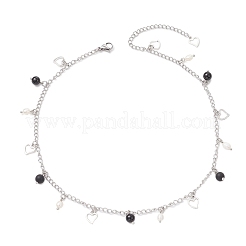 Colliers en agate noire naturelle (teinte et chauffée) et perle naturelle et chaîne gourmette en acier inoxydable 304 avec pompon en forme de cœur&nbsp;NJEW-JN05342