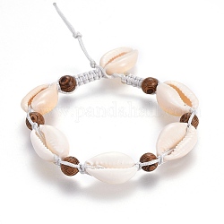 Perline bracciali intrecciati cavo di nylon, con perle di legno e perle di conchiglia, colore conchiglia, 9-1/8 pollice (23.3 cm)