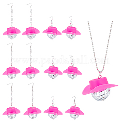 6 Paar Ohrhänger aus Kunststoffkappe mit Glas-Disco-Kugel und 1 Halsketten mit Anhänger, Platinlegierungsschmuck für Frauen, tief rosa, Ohrringe: 61~106 mm, Stift: 0.8 mm, Halskette: 24.02 Zoll (61 cm)