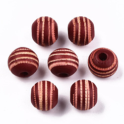 Painted Natural Wood Beads, Laser Engraved Pattern, Round with Zebra-Stripe, FireBrick, 10x8.5mm, Hole: 2.5mm