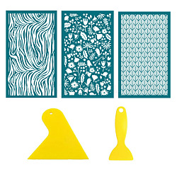 3Pcs 3 Styles Floral Polyester Silk Screen Printing Stencil, Reusable Polymer Clay Silkscreen Tool, for DIY Polymer Clay Earrings Making, with 2 Style Plastic Scraper, Teal, 160x100mm, 1pc/style