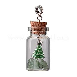 Ciondolo portafortuna naturale verde avventurina con perline in rilievo, con albero di Natale ciondoli strass dello smalto della lega, argento antico, 60mm, Foro: 5 mm