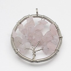 Brass Rose Quartz Big Pendants, Flat Round with Tree of Life, with Metal Findings, Platinum, 56x50x9mm, Hole: 5mm